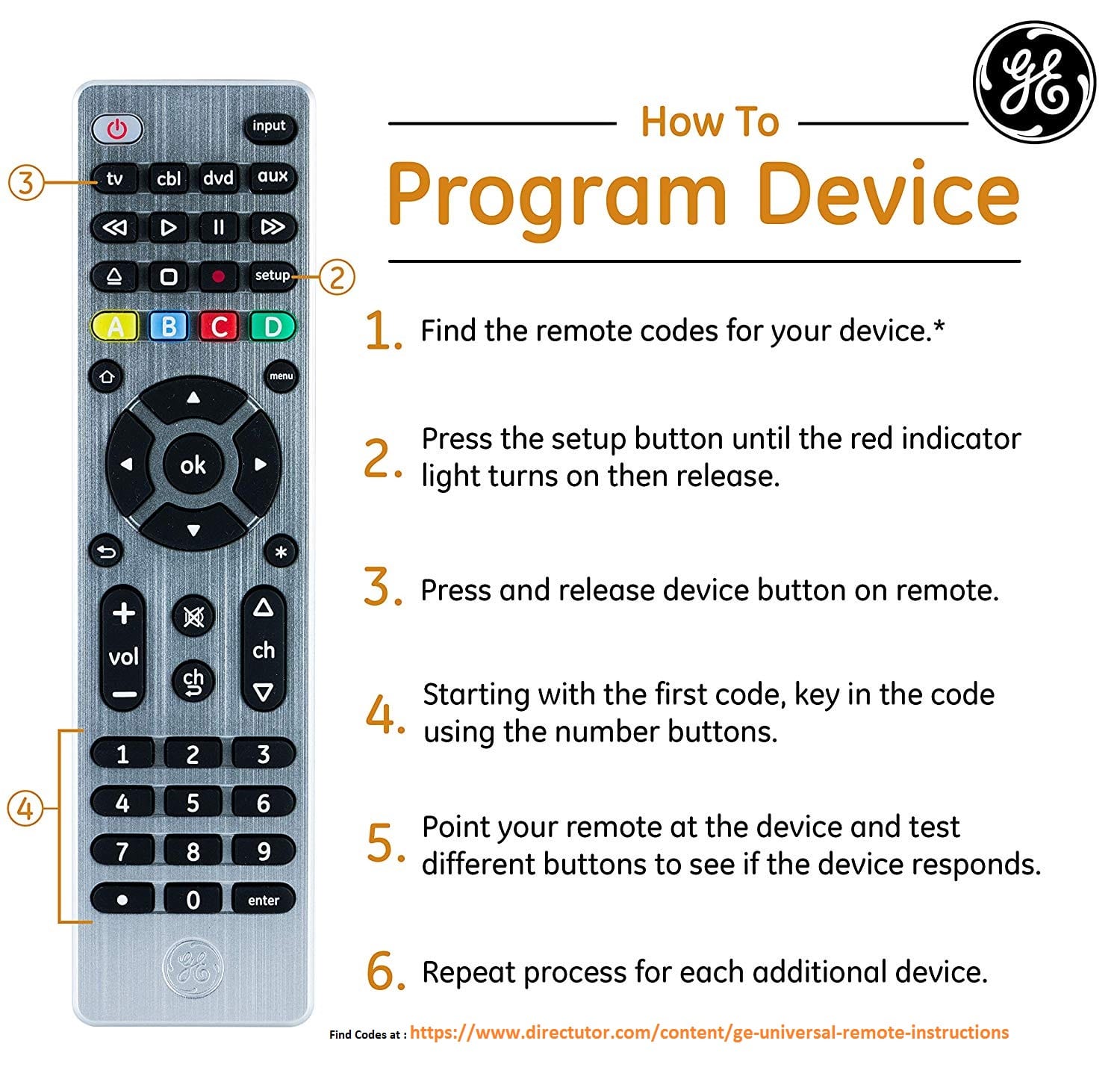 GE UltraPro 6 Device Universal Remote codes with Program Instructions