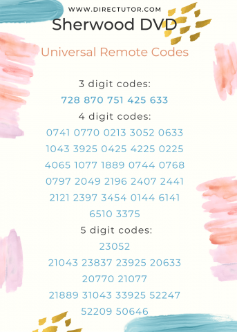 Complete list of Sherwood DVD codes for all universal remotes. 3 digit codes: 728 870 751 425 633 4 digit codes: 0741 0770 0213 3052 0633 1043 3925 0425 4225 2049 2196 2407 2441 2121 2397 3454 0144 6141 6510 3375 0225 4065 1077 1889 0744 0768 0797  5 digit codes: 23052 21043 23837 31043 33925 52247 52209 50646 23925 20633 20770 21077 21889 
